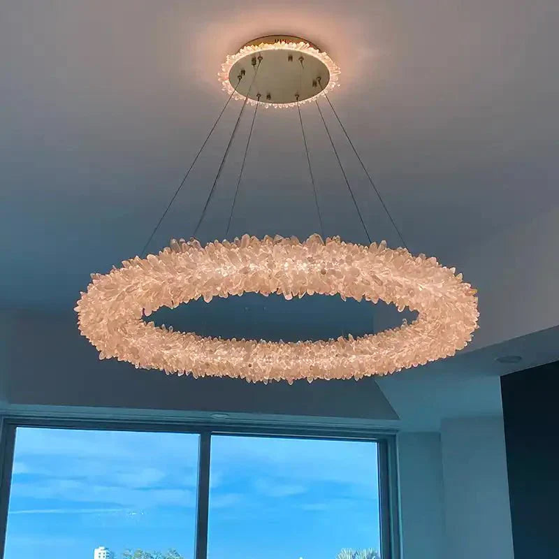 24 - 47 Inch Round Clear Geode Quartz Crystal Ring Pendant Light Modern Chandelier for Living Room - Joyfuzzy