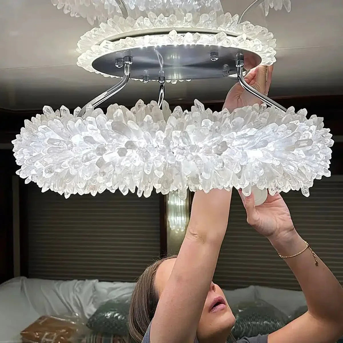 24 - 47 Inch Round Clear Geode Quartz Crystal Ring Pendant Light Modern Chandelier for Living Room - Joyfuzzy