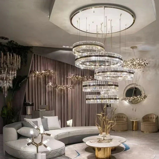 5-Ring Crystal Chandelier in Gold Finish-Joyfuzzy