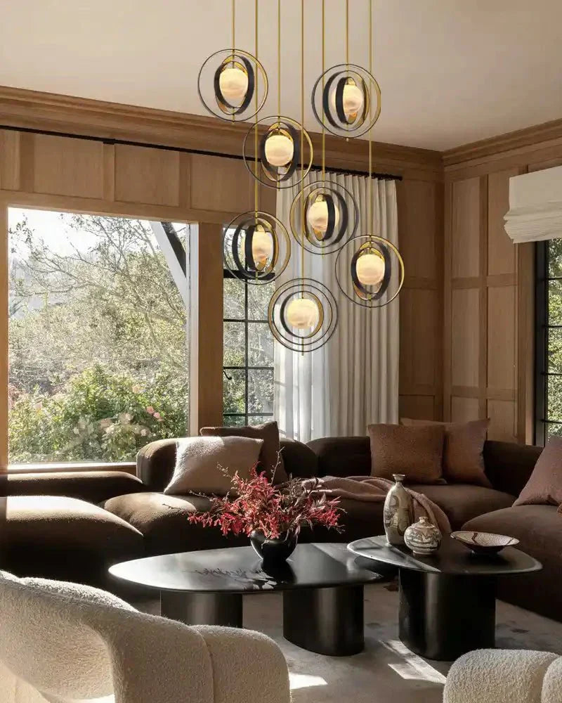 White Alabaster Round Ceiling Pendant Lamp - Gold & Bronze Rotatable Ring - Joyfuzzy