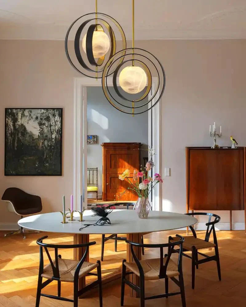 White Alabaster Round Ceiling Pendant Lamp - Gold & Bronze Rotatable Ring - Joyfuzzy