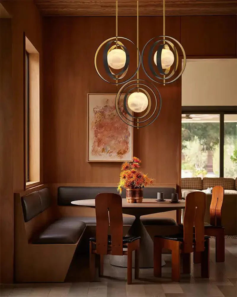White Alabaster Round Ceiling Pendant Lamp - Gold & Bronze Rotatable Ring - Joyfuzzy