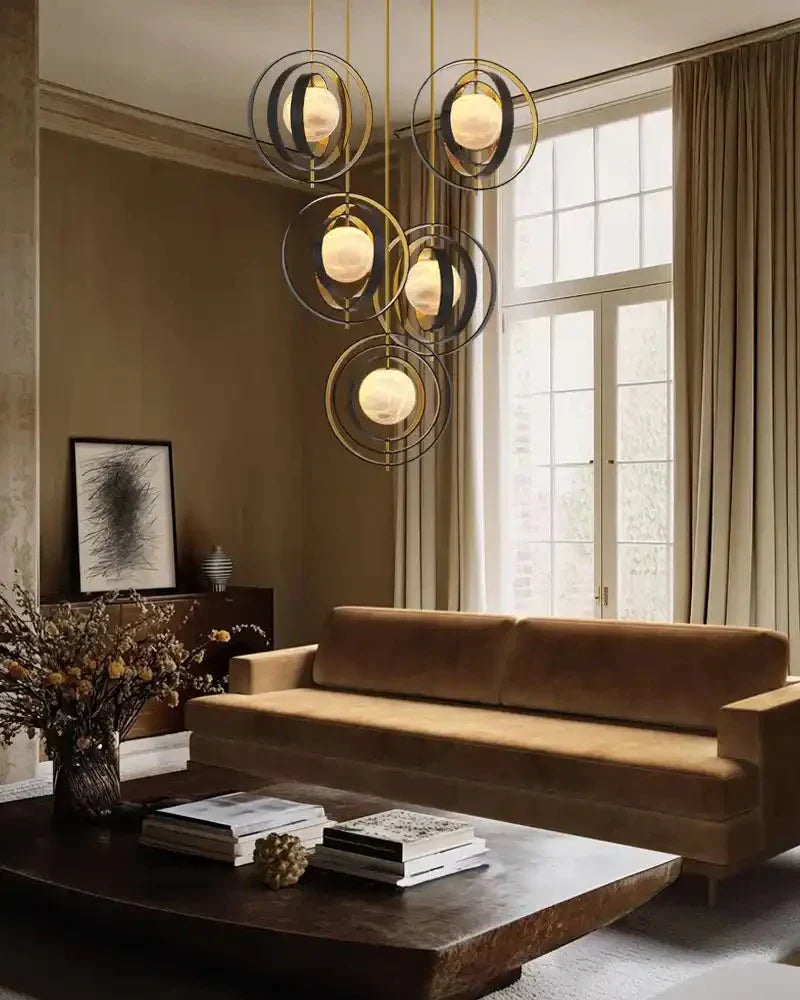 White Alabaster Round Ceiling Pendant Lamp - Gold & Bronze Rotatable Ring - Joyfuzzy