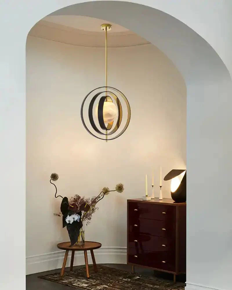 White Alabaster Round Ceiling Pendant Lamp - Gold & Bronze Rotatable Ring - Joyfuzzy