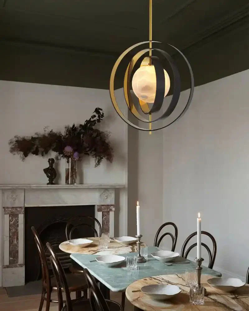 White Alabaster Round Ceiling Pendant Lamp - Gold & Bronze Rotatable Ring - Joyfuzzy