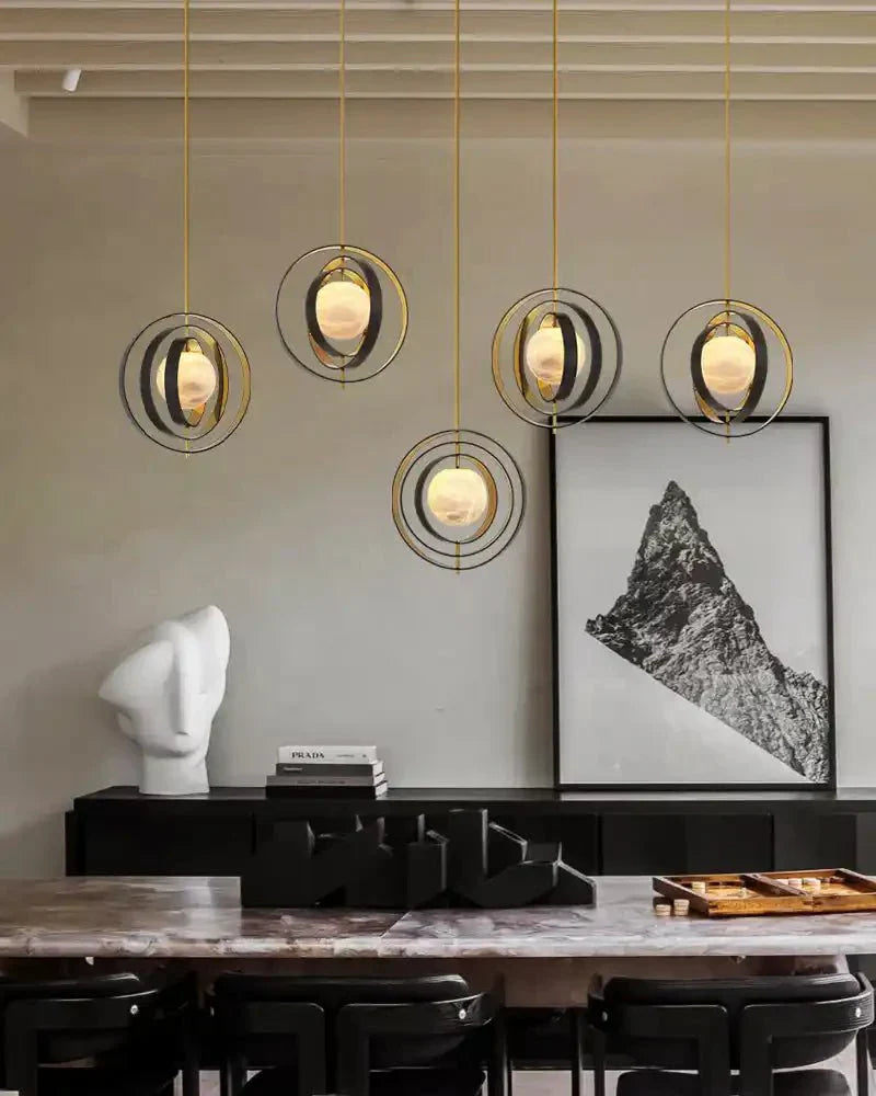 White Alabaster Round Ceiling Pendant Lamp - Gold & Bronze Rotatable Ring - Joyfuzzy