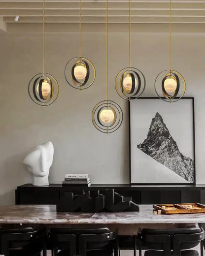 White Alabaster Round Ceiling Pendant Lamp - Gold & Bronze Rotatable Ring - Joyfuzzy