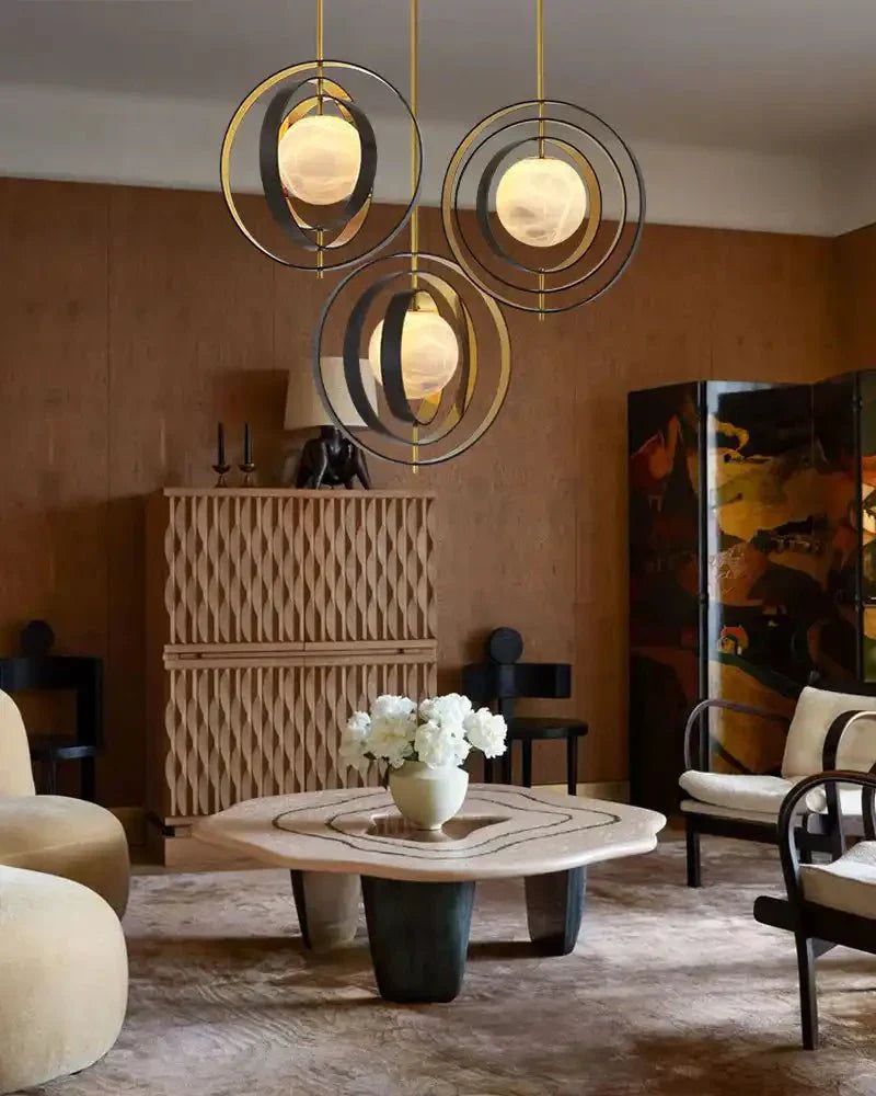 White Alabaster Round Ceiling Pendant Lamp - Gold & Bronze Rotatable Ring - Joyfuzzy