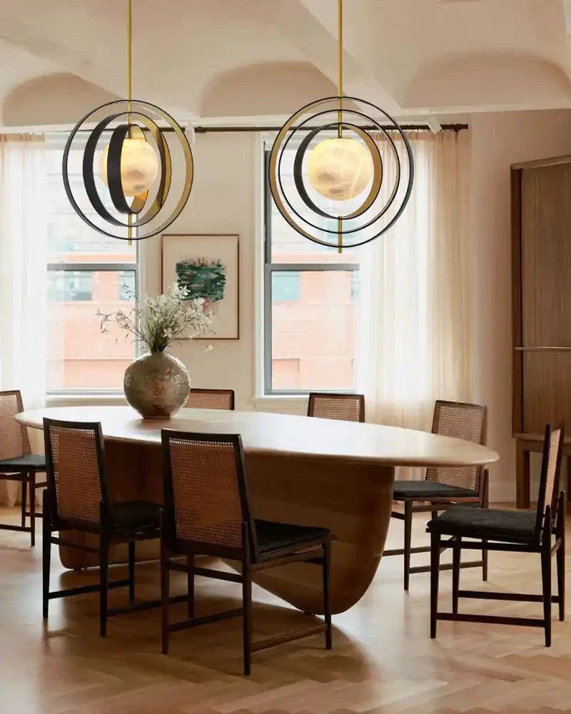 White Alabaster Round Ceiling Pendant Lamp - Gold & Bronze Rotatable Ring - Joyfuzzy