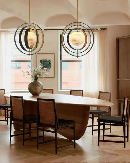 White Alabaster Round Ceiling Pendant Lamp - Gold & Bronze Rotatable Ring - Joyfuzzy