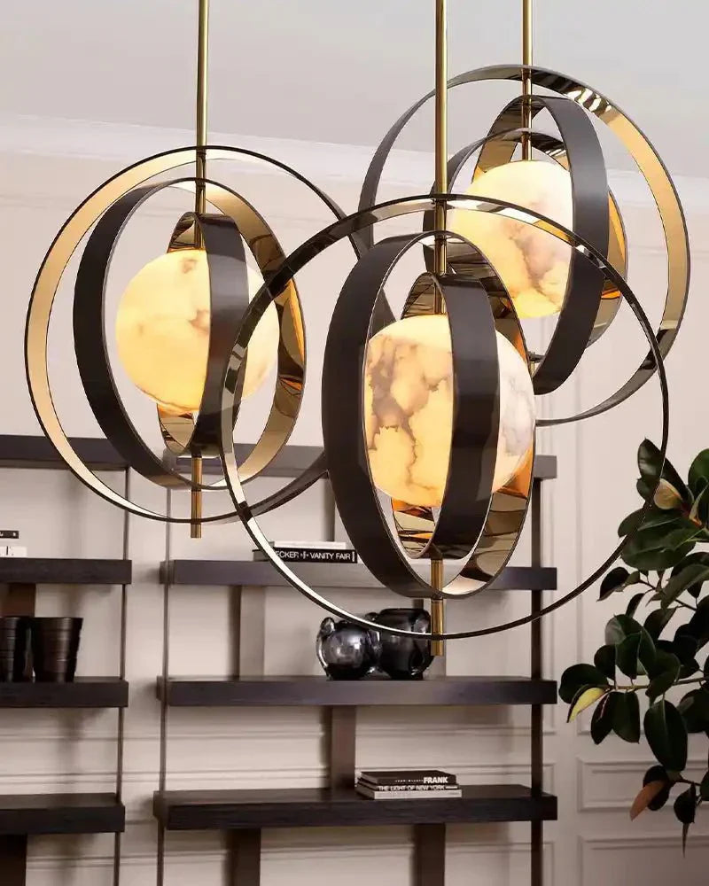 White Alabaster Round Ceiling Pendant Lamp - Gold & Bronze Rotatable Ring - Joyfuzzy