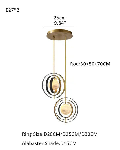 White Alabaster Round Ceiling Pendant Lamp - Gold & Bronze Rotatable Ring - Joyfuzzy