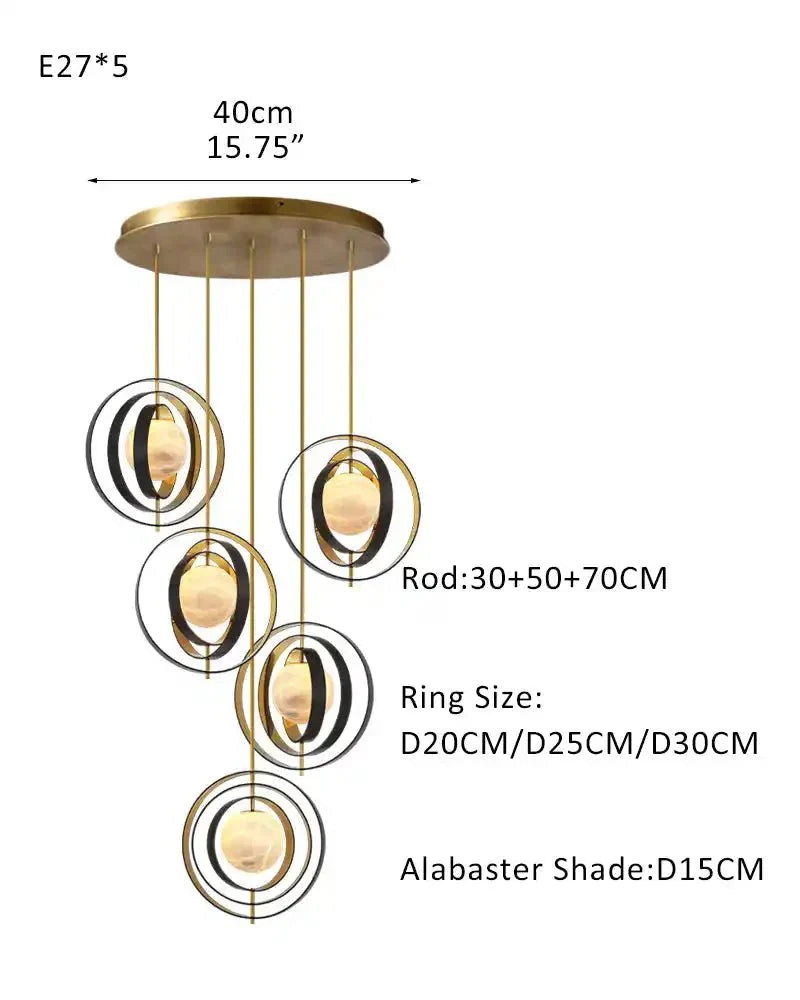 White Alabaster Round Ceiling Pendant Lamp - Gold & Bronze Rotatable Ring - Joyfuzzy