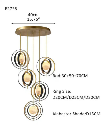White Alabaster Round Ceiling Pendant Lamp - Gold & Bronze Rotatable Ring - Joyfuzzy