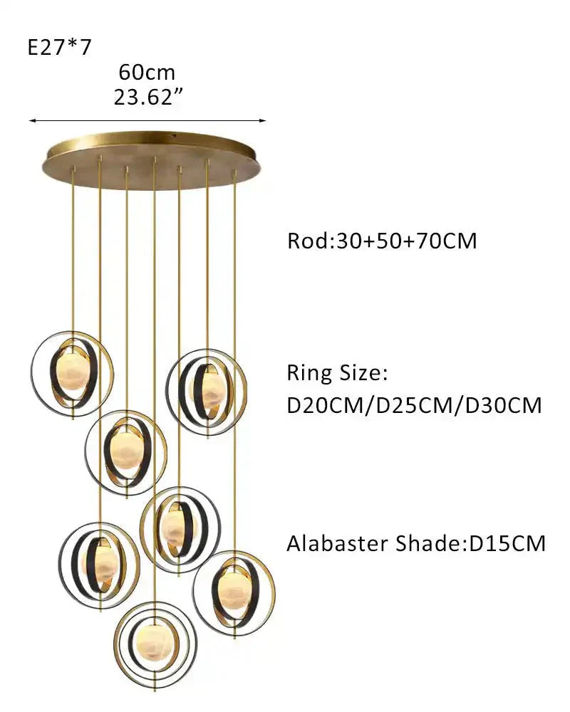 White Alabaster Round Ceiling Pendant Lamp - Gold & Bronze Rotatable Ring - Joyfuzzy