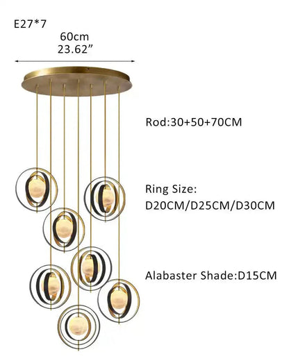 White Alabaster Round Ceiling Pendant Lamp - Gold & Bronze Rotatable Ring - Joyfuzzy