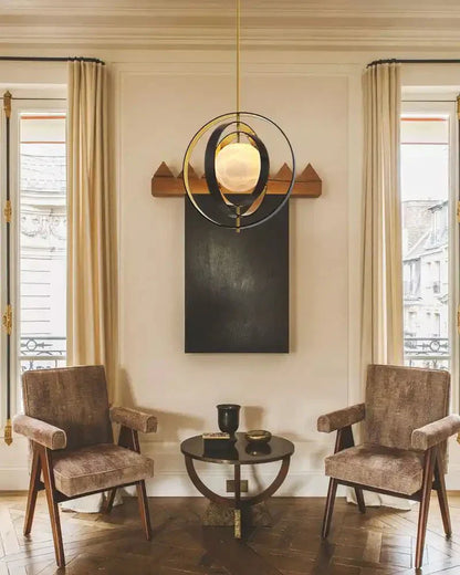 White Alabaster Round Ceiling Pendant Lamp - Gold & Bronze Rotatable Ring - Joyfuzzy